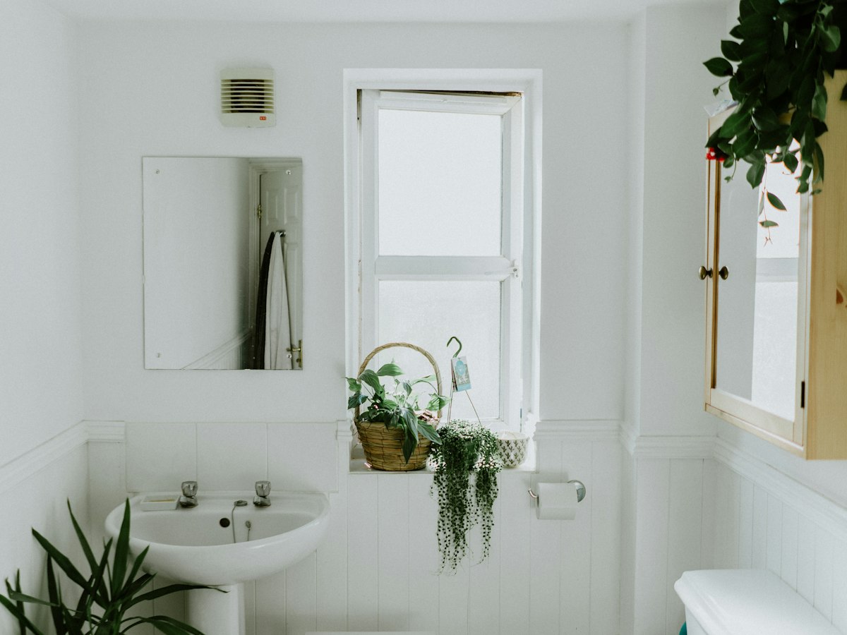Bright bathroom remodel with pedestal sink and natural light